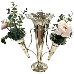 Fine Antique English Silver Plate Large Size 4-Tube Pierced Edge Floral Epergne