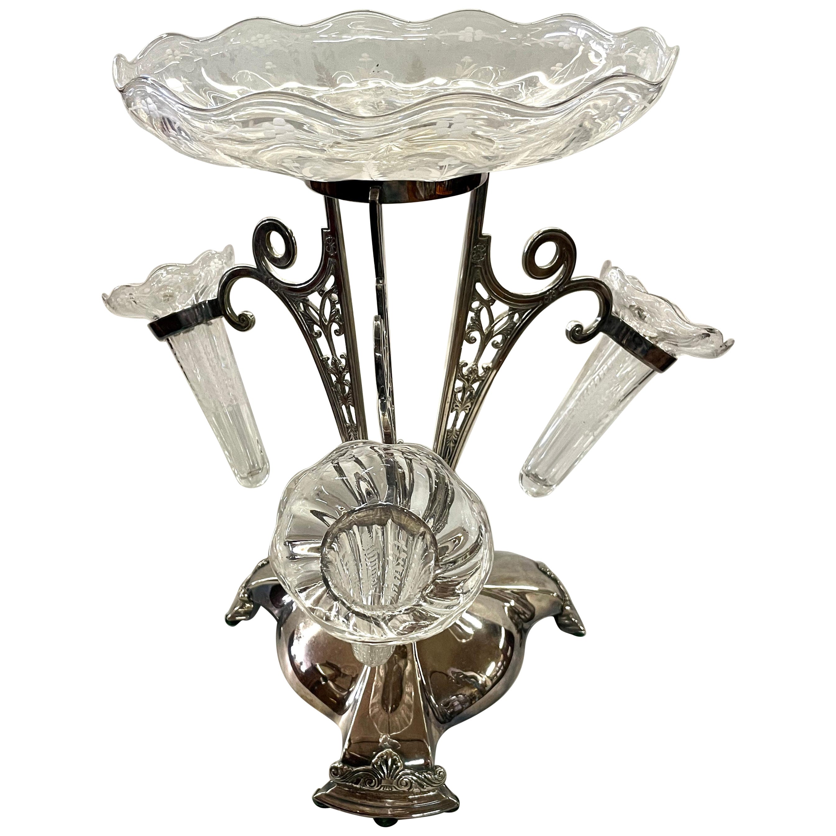 Exceptional Antique English W & H Silverplate and Hand Engraved Crystal Epergne For Sale