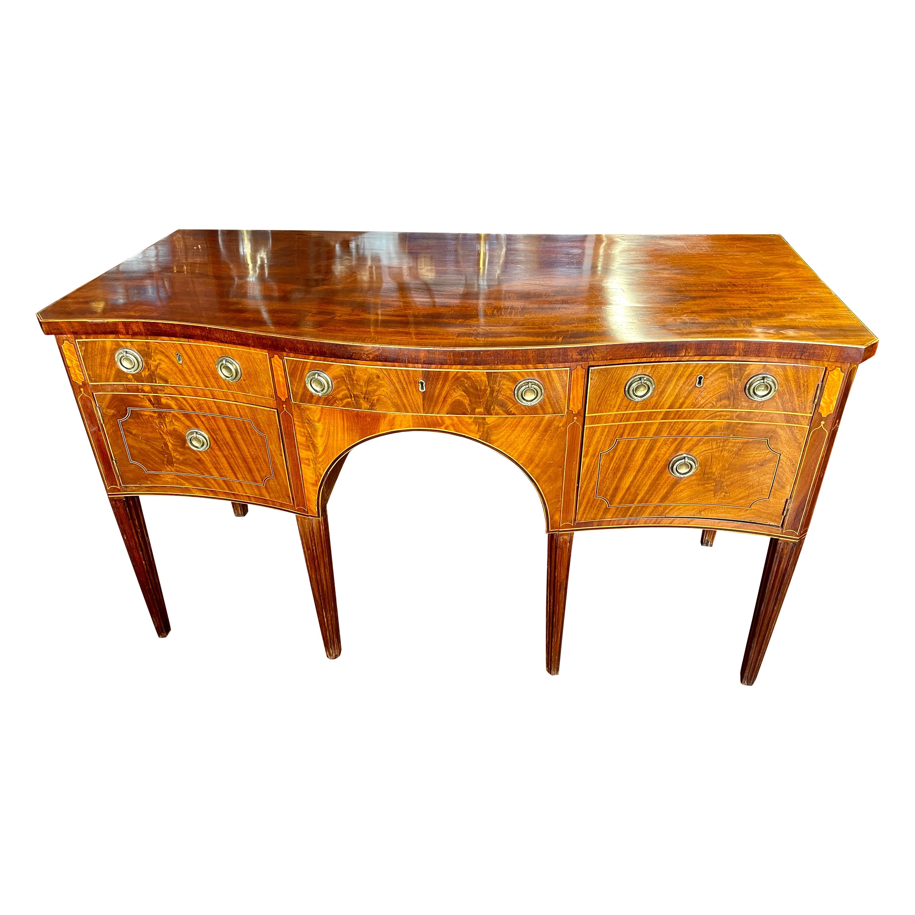 Antique English Geo. III Inlaid Bookmatched Crotch Mahog. Hepp. Style Sideboard