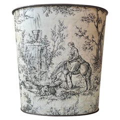 Antique English Idyllic Tin Plate Paper Waste Basket