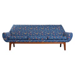 Danish Mid-Century Modern Three Seat Floral and Teak Sofa