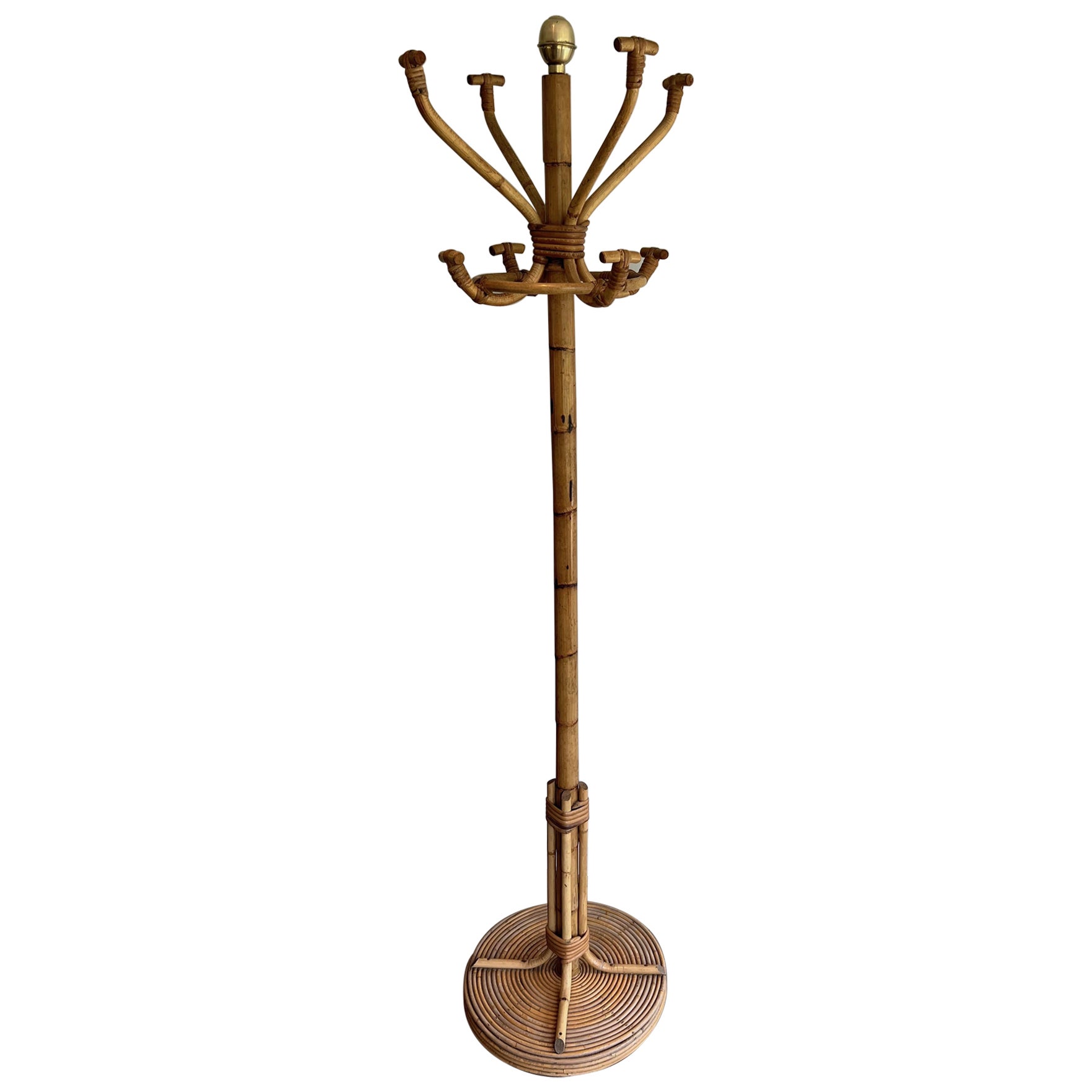 Rattan and Brass Coat rack on stand. French Work. Circa 1970 For Sale