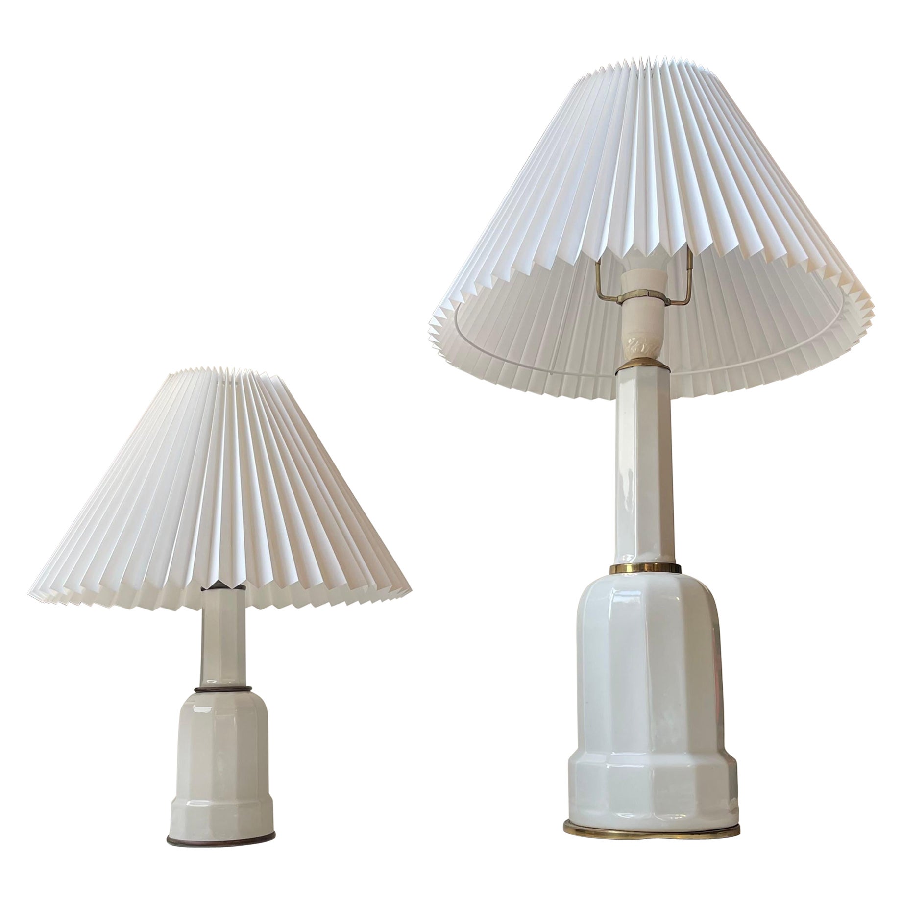 Antique Danish Heiberg Table Lamps in White Porcelain and Brass