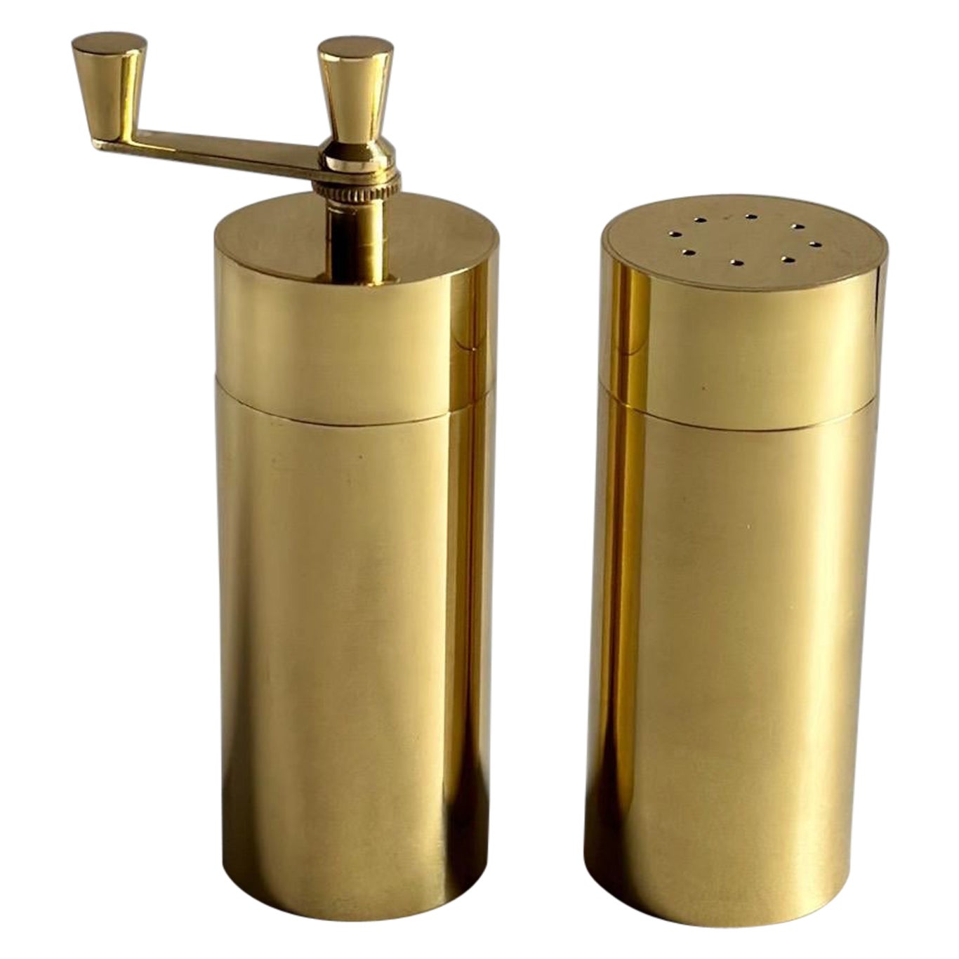 Modernist Lacquered Brass Pepper Mill and Salt Shaker, Italy, Original Box, 1960 For Sale