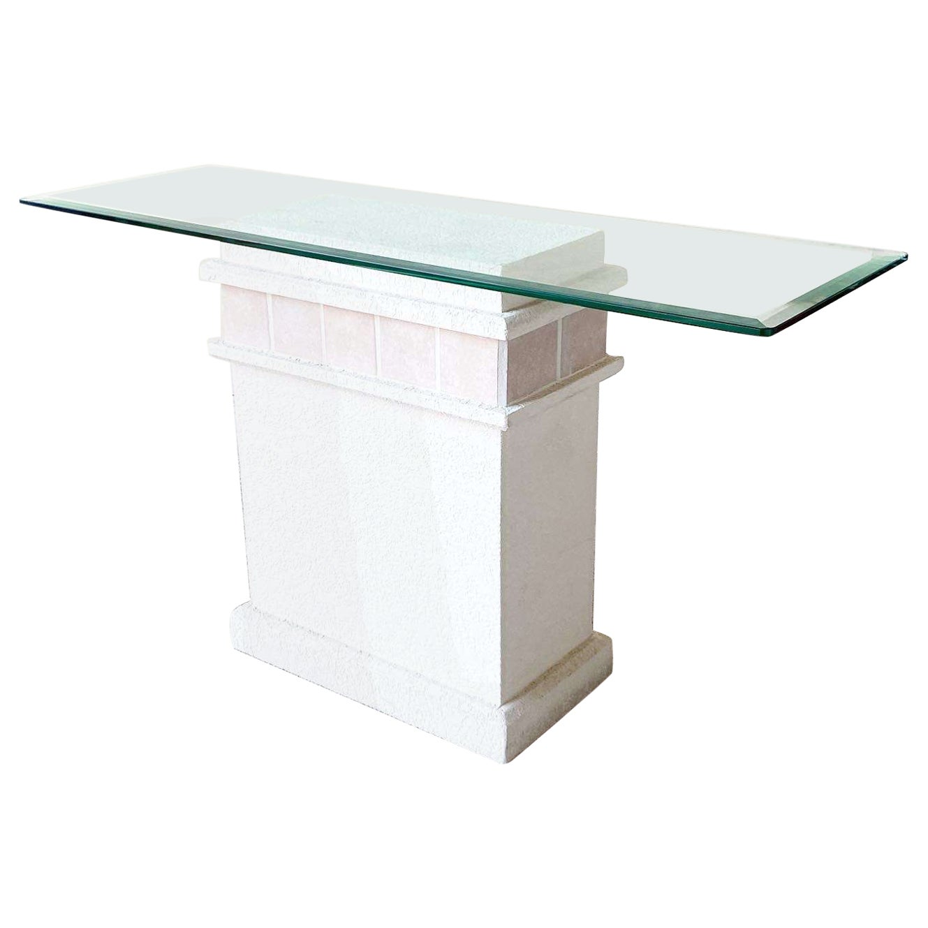 Table console postmoderne en céramique rose et plateau en verre clouté