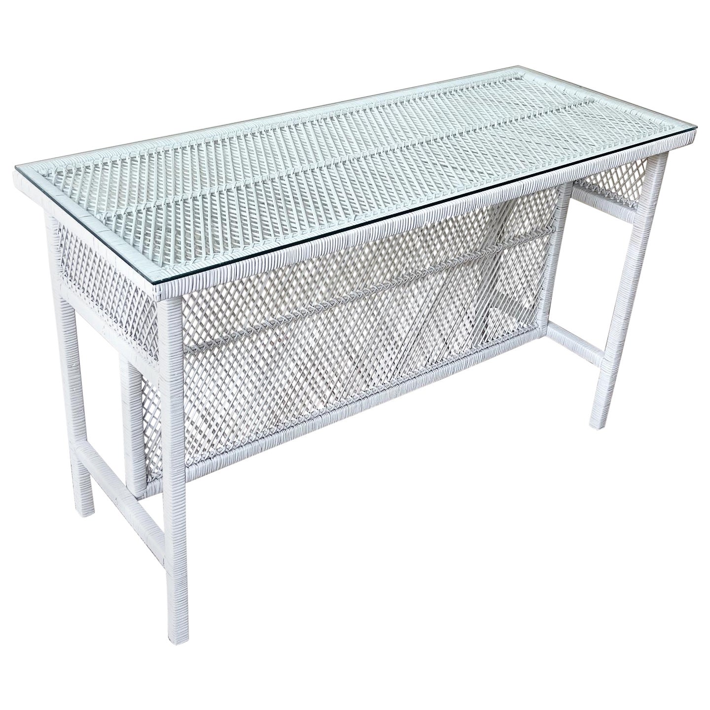 Boho Chic White Rattan Console Table With Glass Top For Sale