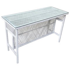 Vintage Boho Chic White Rattan Console Table With Glass Top