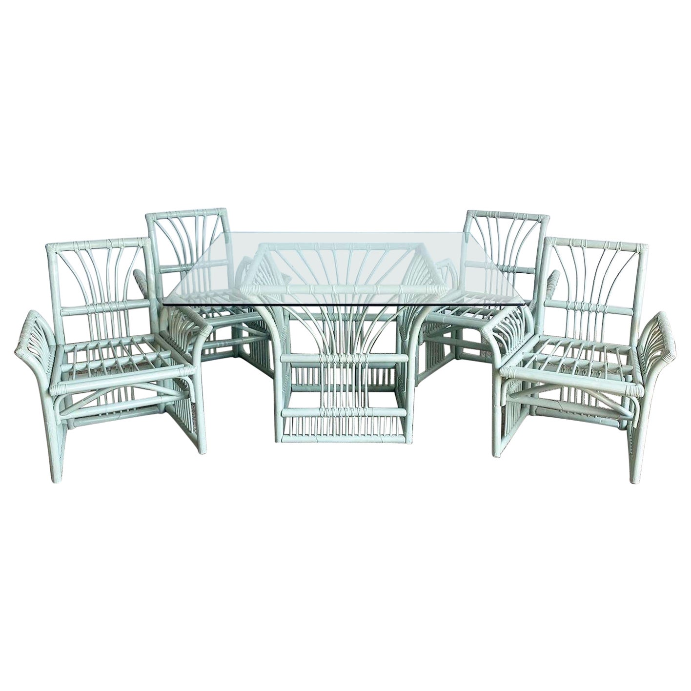 Boho Chic Mint Green Bamboo Rattan Dining Set - 5 Pieces For Sale