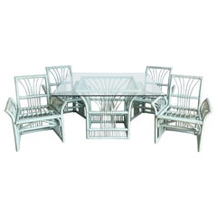 Used Boho Chic Mint Green Bamboo Rattan Dining Set - 5 Pieces