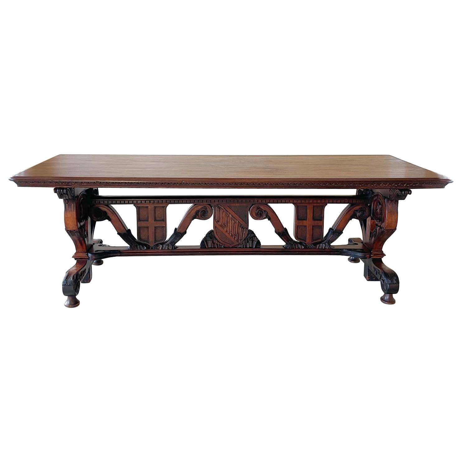 Vintage Renaissance Revival Crested Wooden Dining Table for Philco Corp For Sale