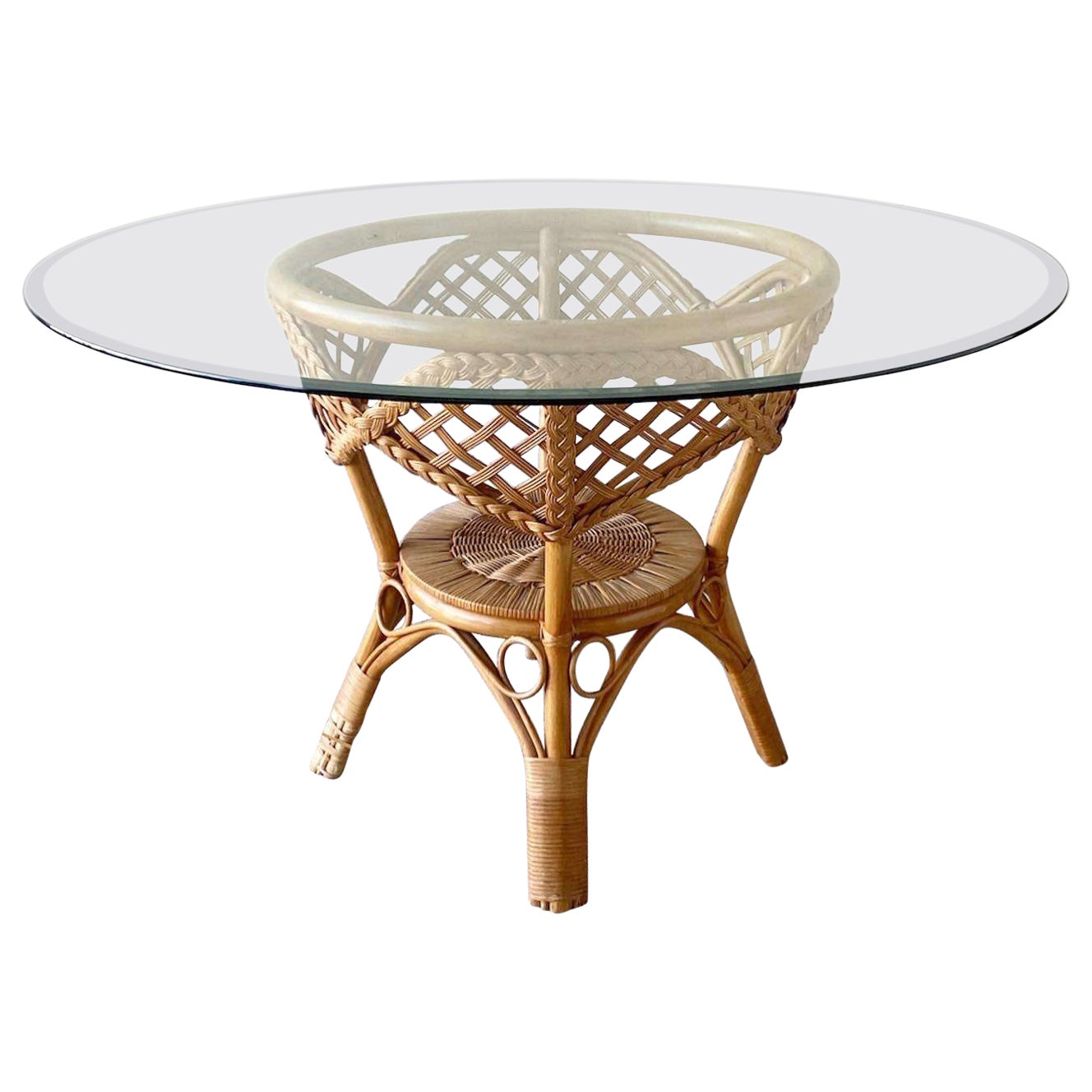 1980s Boho Chic Rattan and Woven Wicker Circular Glass Top Dining Table For Sale