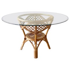 Used 1980s Boho Chic Rattan and Woven Wicker Circular Glass Top Dining Table