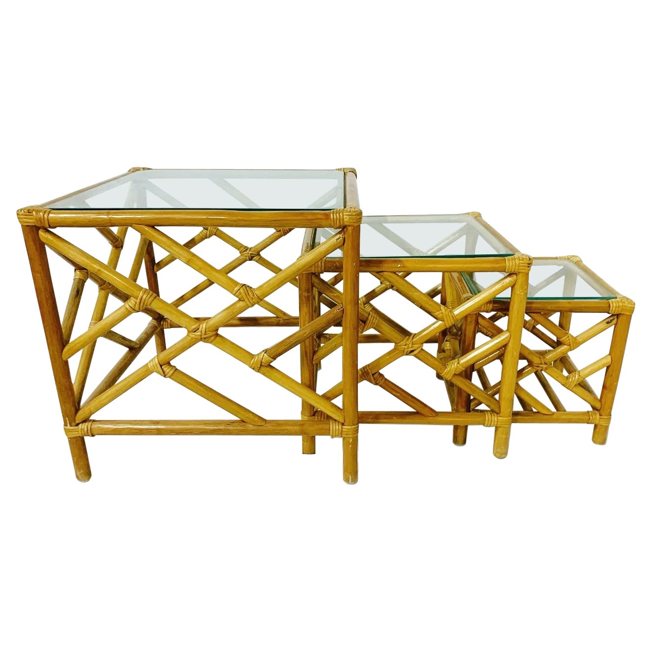 Chippendale Bamboo Rattan Nesting Tables - Set of 3 For Sale