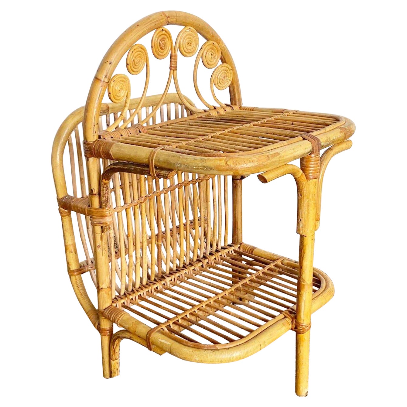 Boho Chic Bamboo Rattan Side Table Magazine Rack For Sale at 1stDibs