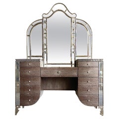 Hollywood Swank Upholstered Vanity With Mirror in Amazing Gator by Aico