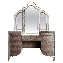Hollywood Swank Upholstered Vanity With Mirror in Amazing Gator by Aico