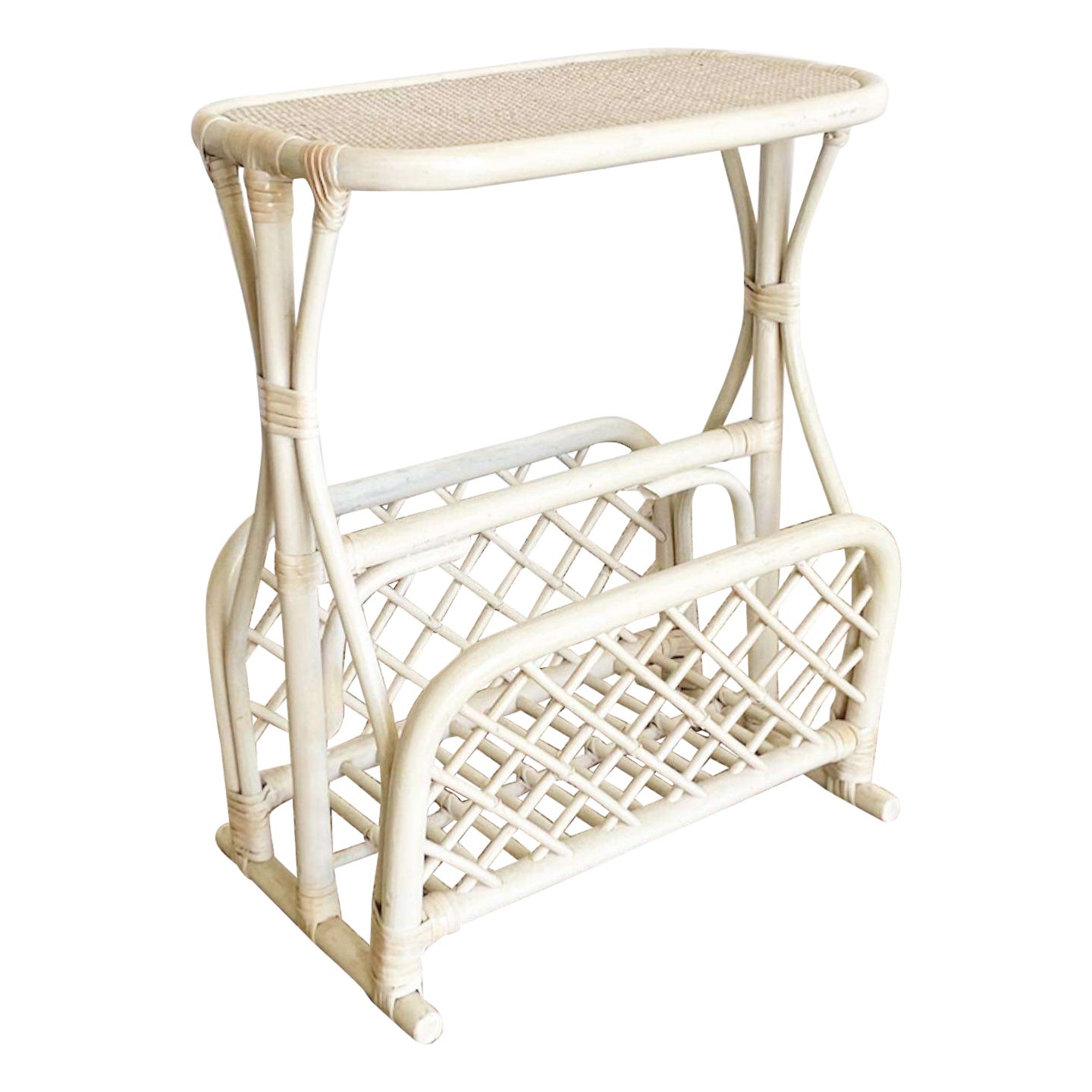 Boho Chic Off White Bamboo Magazine Rack Side Table For Sale