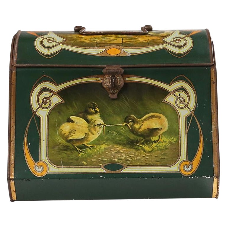 Art Nouveau tin can with small chicks 1920 For Sale