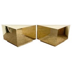 Postmodern Gold Metal Laminate Triangular Corner Side Tables - a Pair
