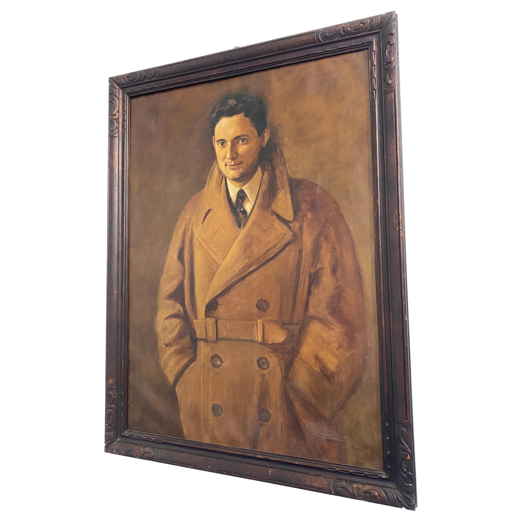 Peinture à l'huile Art Déco 'Portrait d'un homme avec mackintosh' signée, France 1934