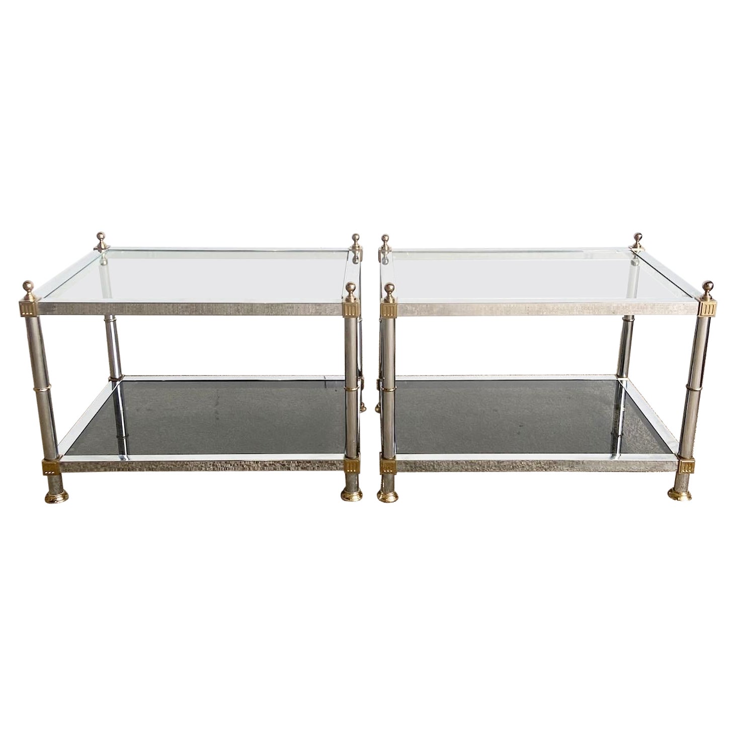 Hollywood Regency Chrome and Gold Smoked Glass Side Tables
