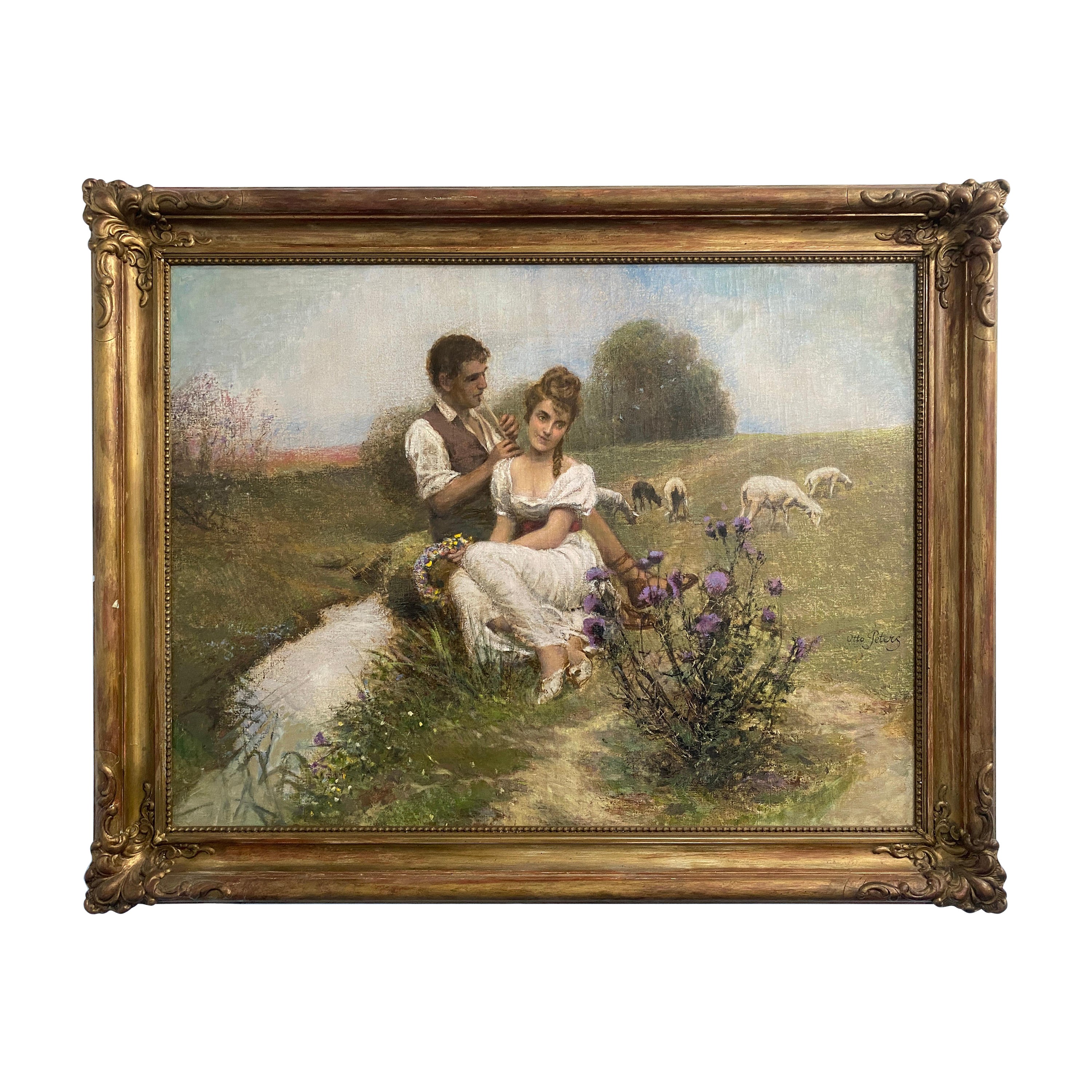Antique oil painting "Bucolic Scene" signed Otto Peters Hungary 1890 For Sale