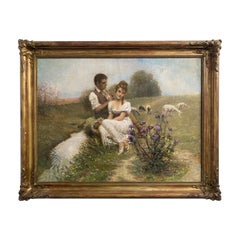 Antique oil painting "Bucolic Scene" signed Otto Peters Hungary 1890