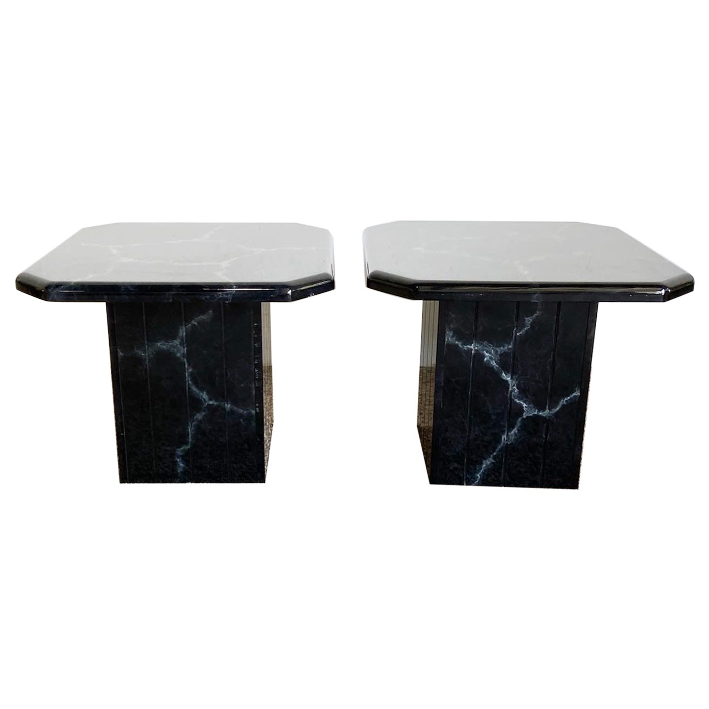 Postmodern Black Faux Marble Side Tables - a Pair For Sale