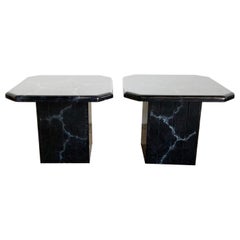Retro Postmodern Black Faux Marble Side Tables - a Pair
