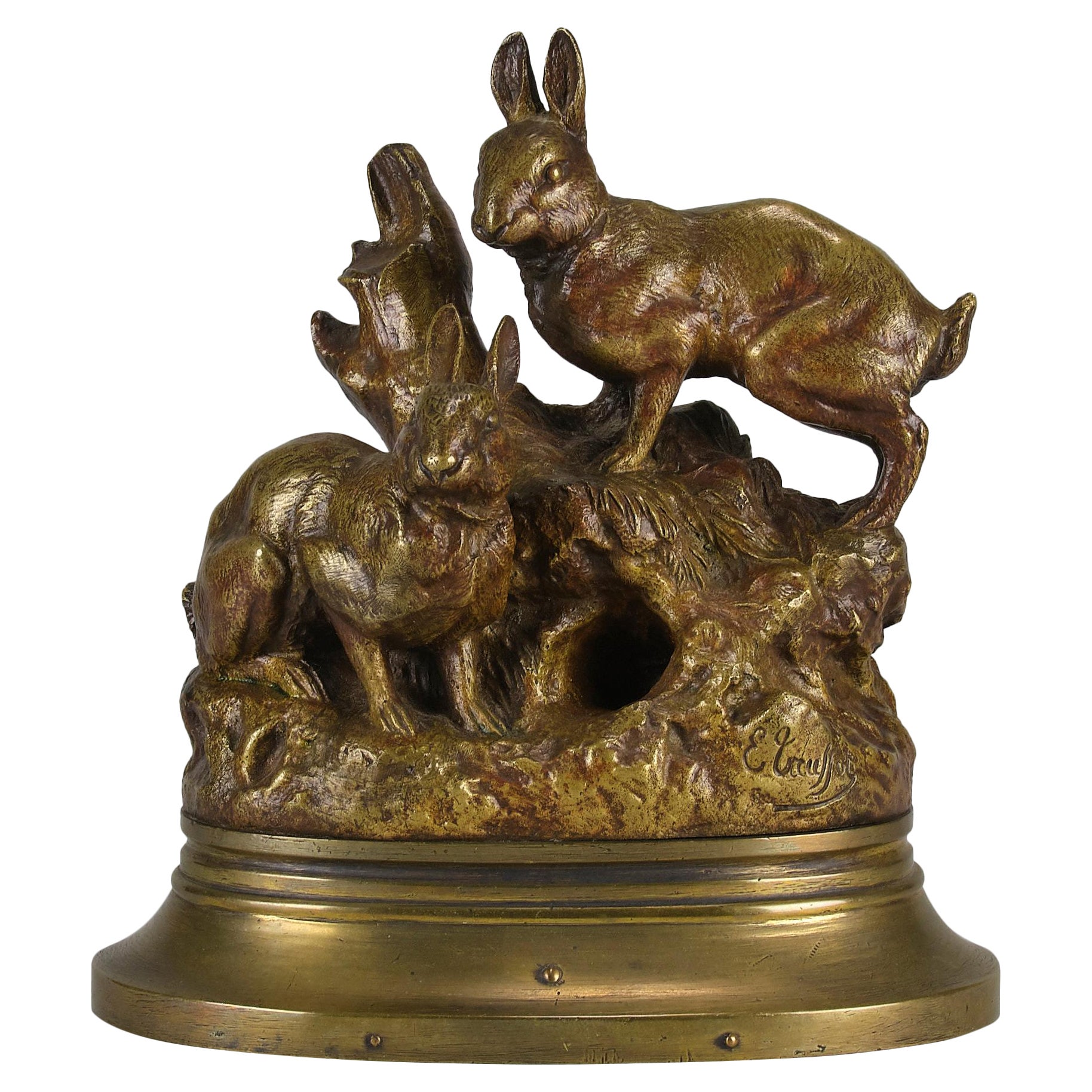 Mid 19th Century French Gilt Bronze "Rabbits at their Burrow" by Emile Truffot For Sale