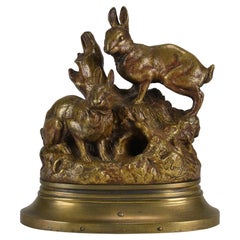 Bronze doré du milieu du 19e siècle "Lapins au terrier" par Emile Truffot
