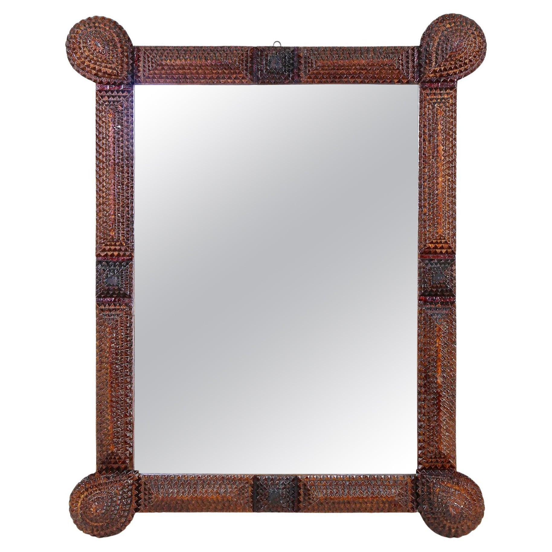 Rustic Tramp Art Wall Mirror With Unique Corners, Handcarved, Austria circa 1880 For Sale