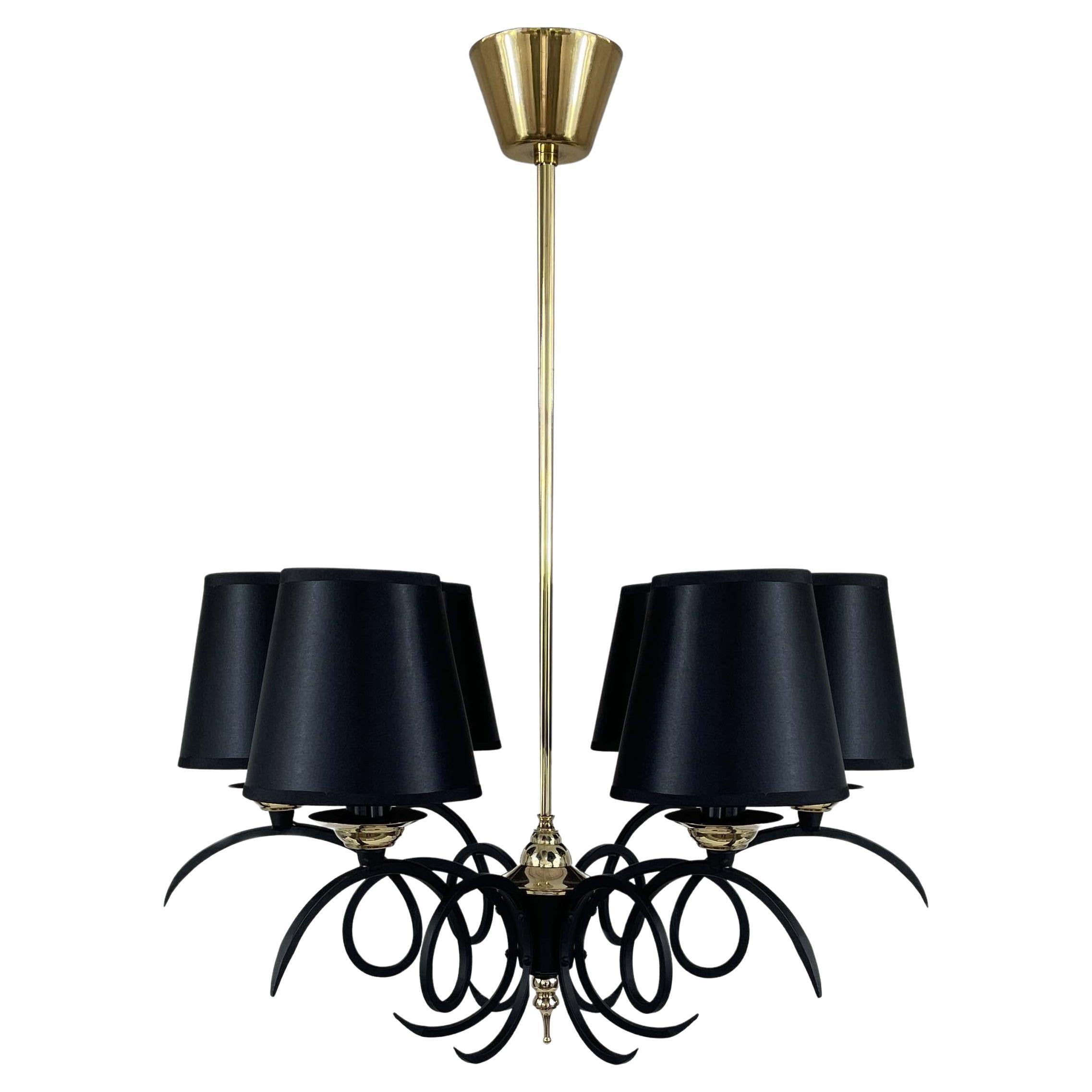 Black Cast Iron and Brass Chandelier, France 1950s