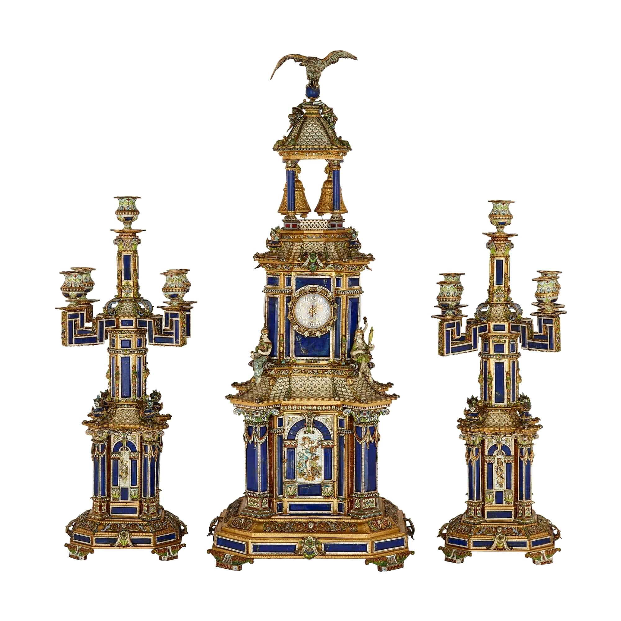 Beeindruckende antike österreichische Uhr mit Champlevé-Email, Silbervergoldung und Lapislazuli im Angebot