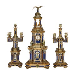Impressive Antique Austrian Champlevé Enamel, Silver-Gilt and Lapis Lazuli Clock