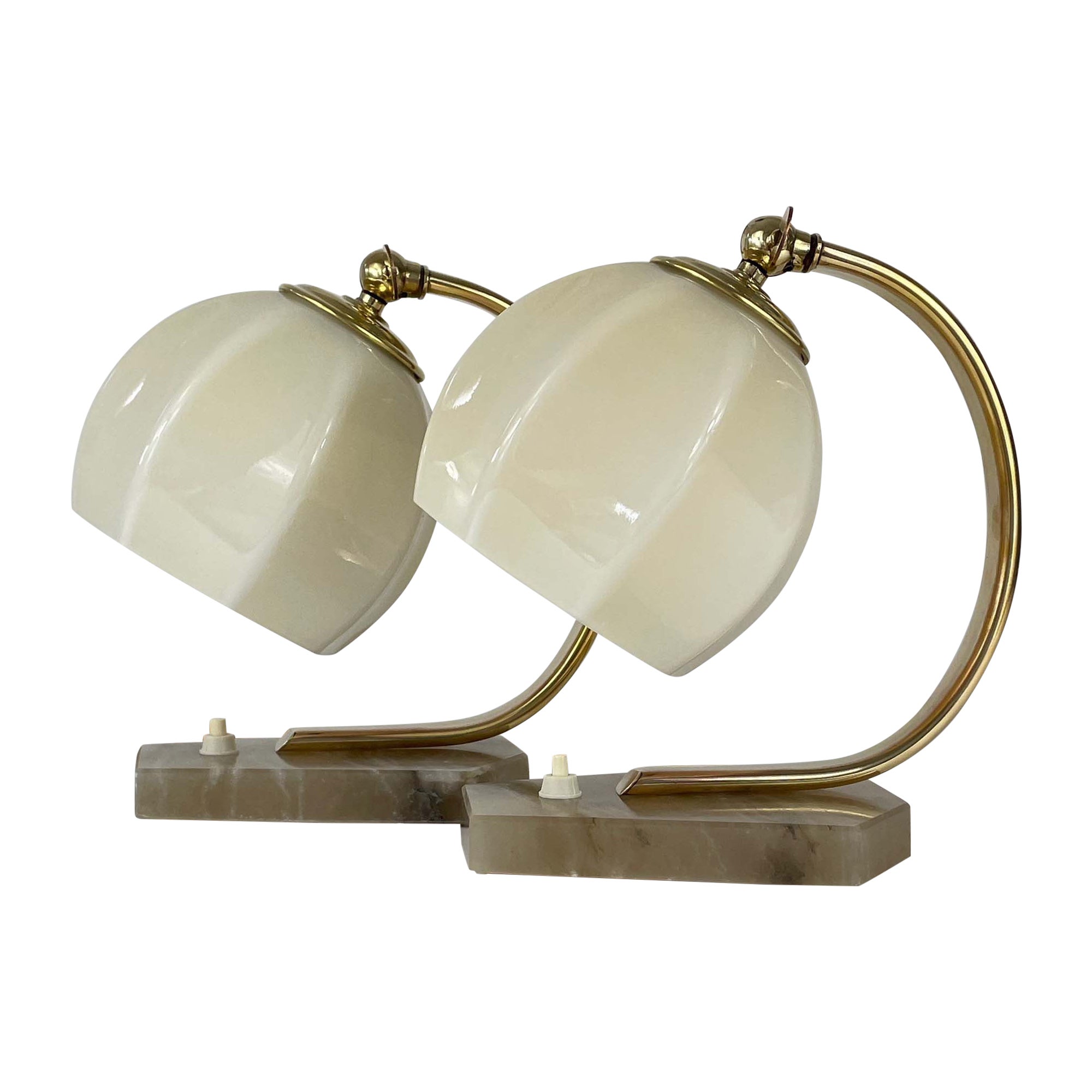 German Art Deco Opaline Glass, Alabaster and Brass Table Lamps, 1930s