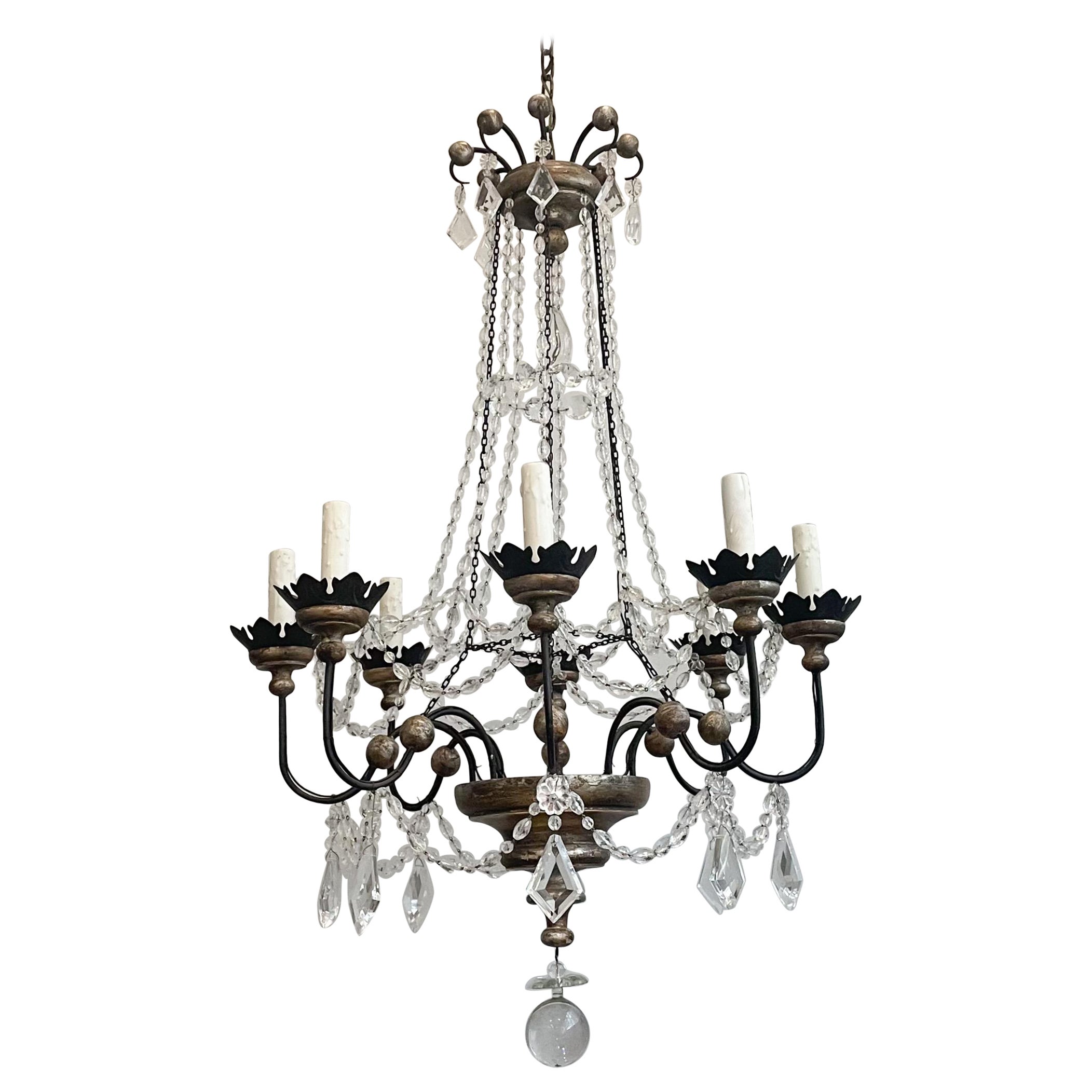 Italian Silvered Wood And Crystal Beaded Chandelier  For Sale