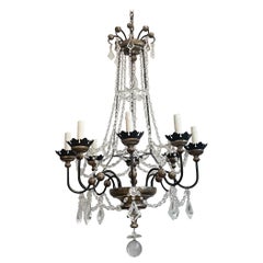 Italian Silvered Wood And Crystal Beaded Chandelier 