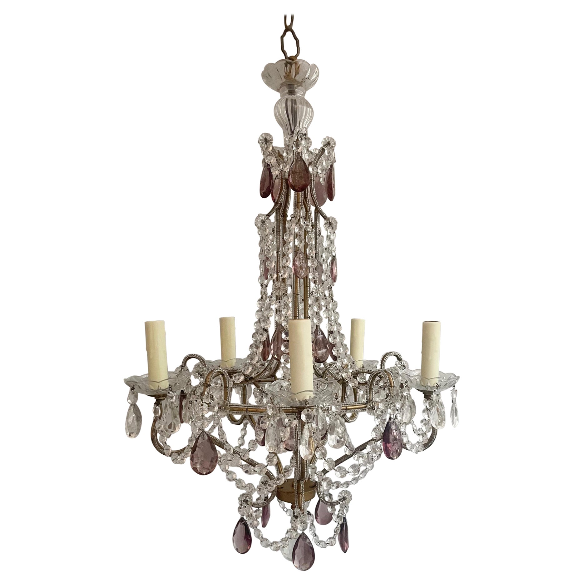 Italian Crystal Beaded Chandelier With Amethyst Glass Prisms For Sale