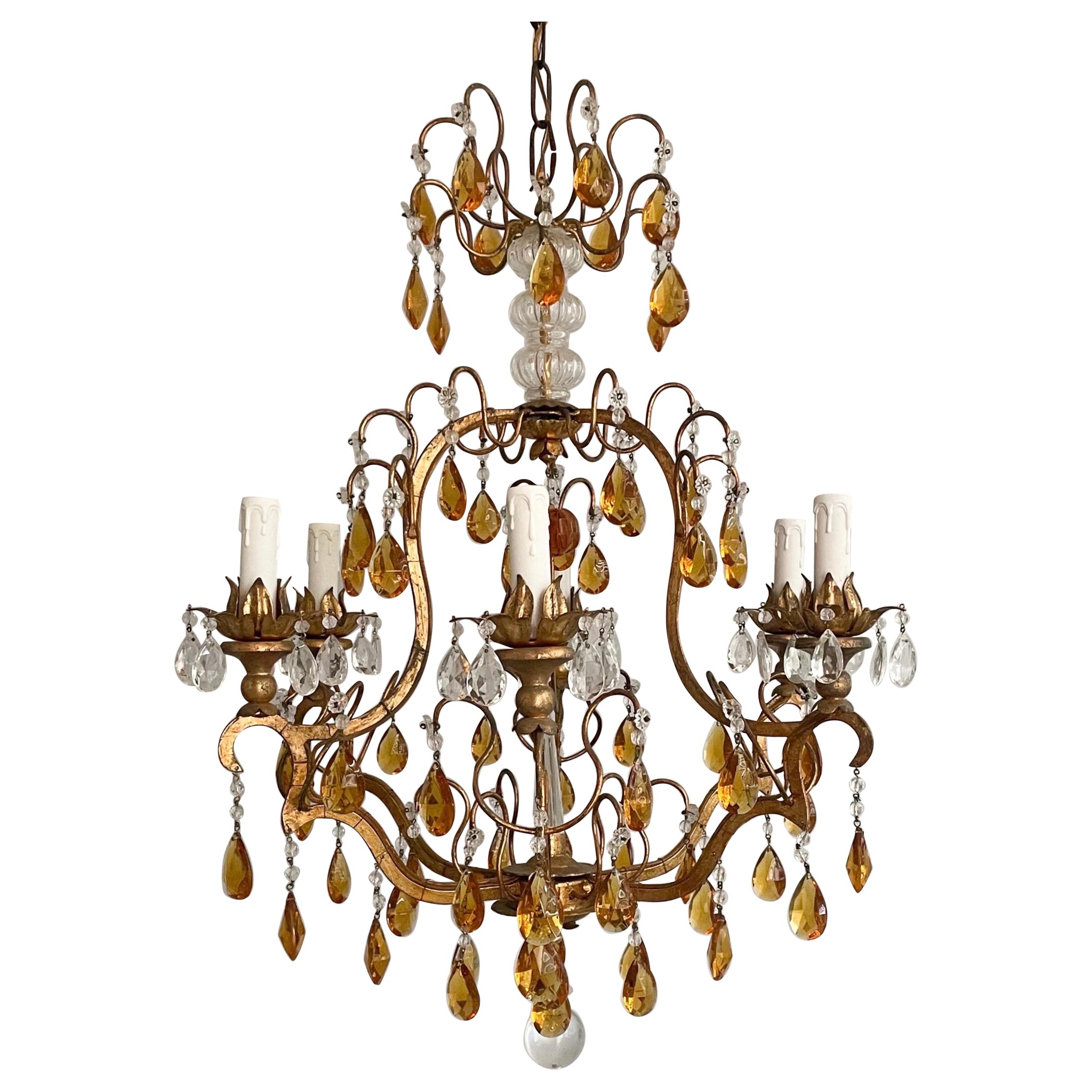 Italian Gilt Iron And Crystal Beaded Chandelier With Amber Glass Prisms 