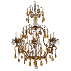 Italian Gilt Iron And Crystal Beaded Chandelier With Amber Glass Prisms 