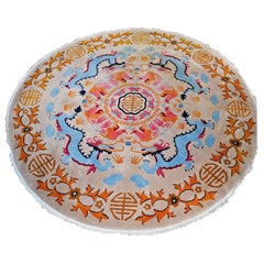 Room Size Round Art Deco Chinese Rug with Dragons Design in Tan, Baby Blue, Pink