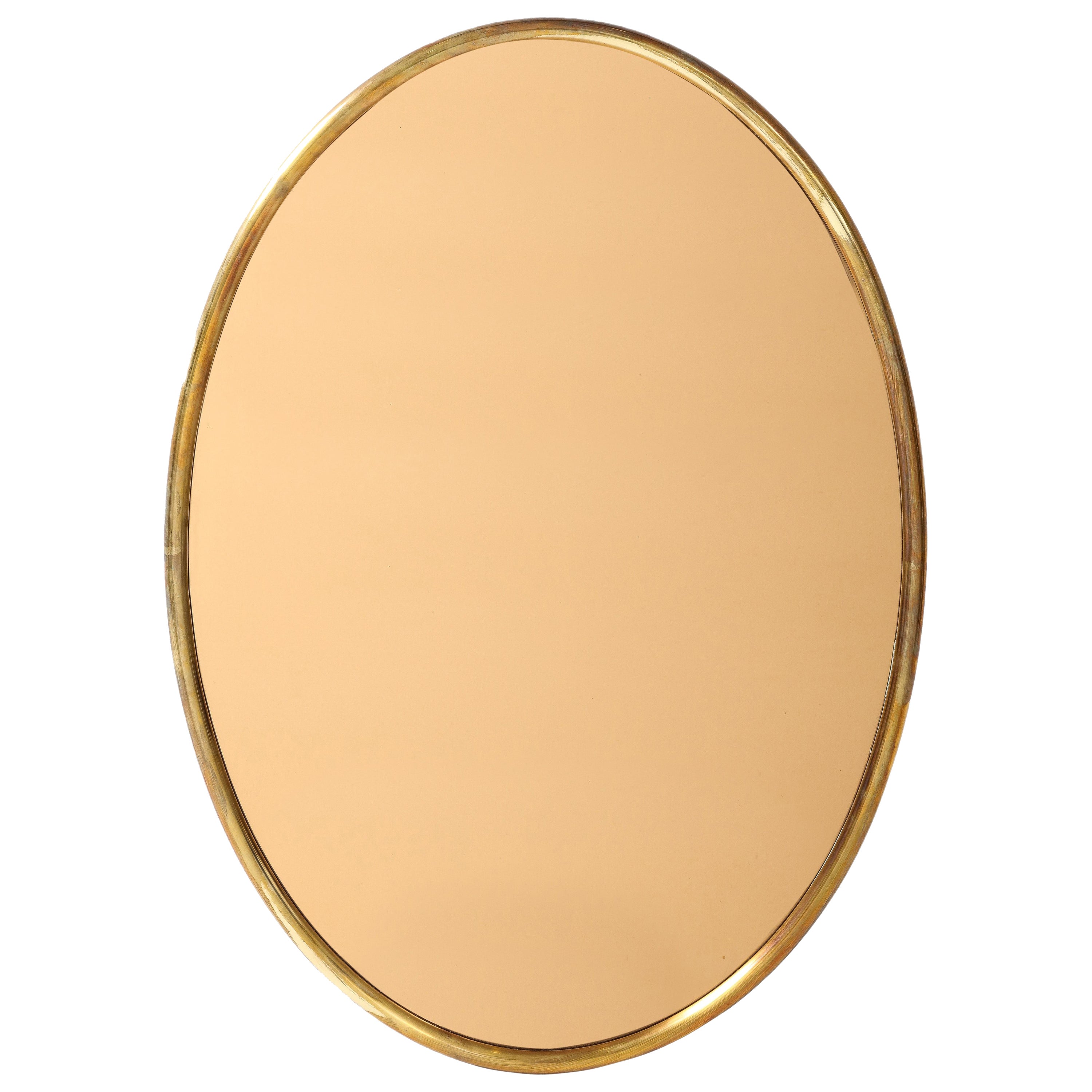 1970s Italian Large Oval Brass Rose Gold Mirror For Sale