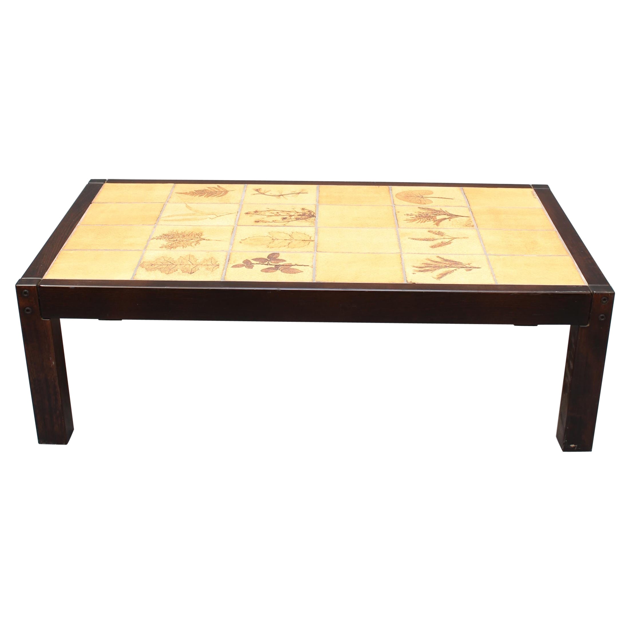 Vintage French Coffee Table with Leaf Motif Tiles by Roger Capron (circa 1970s) For Sale
