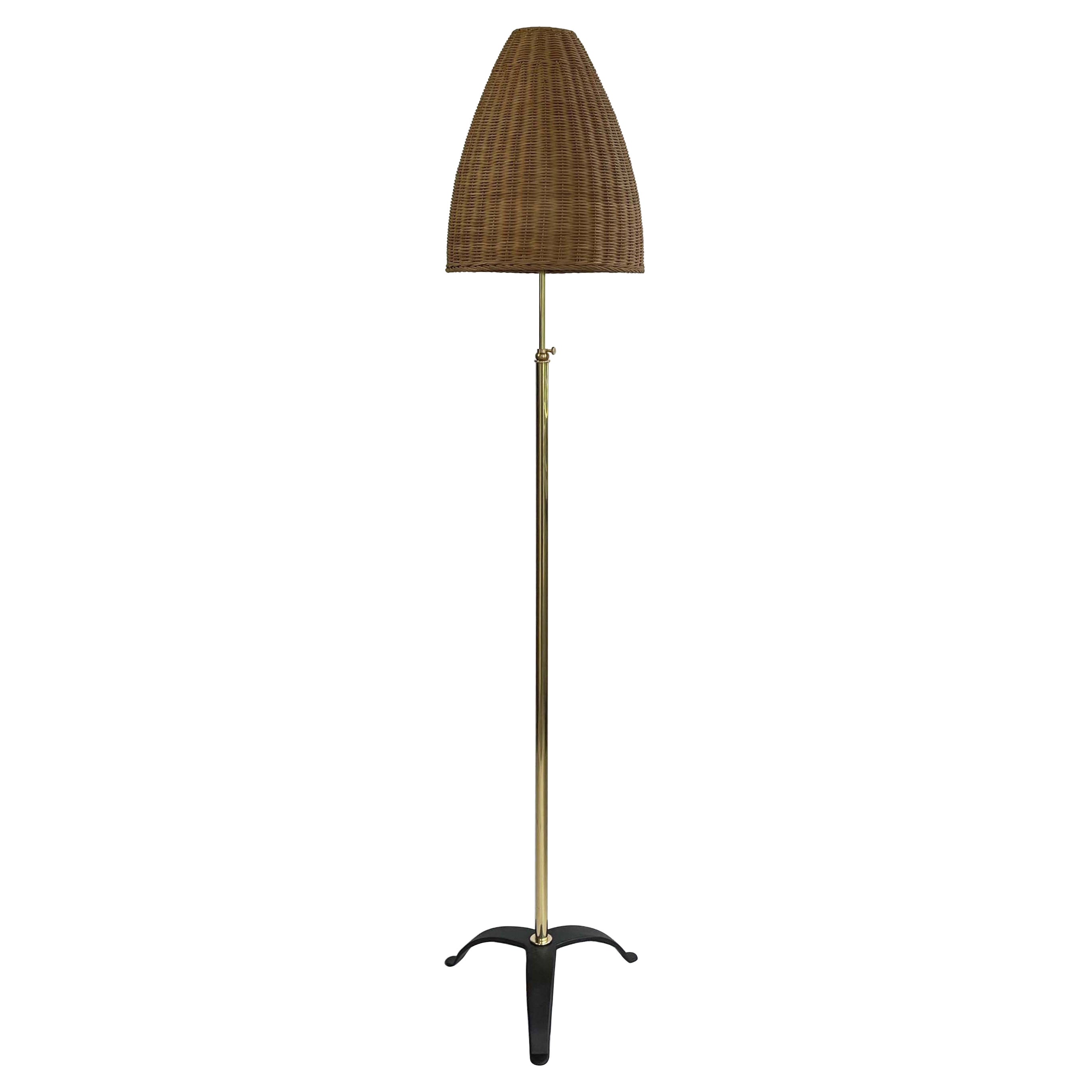 Adjustable 'Bienenkorb' Wicker Brass Floor Lamp, Jt Kalmar Style, Austria 1950s