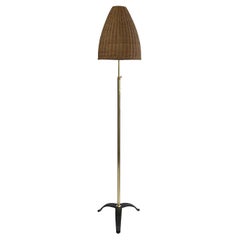 Adjustable 'Bienenkorb' Wicker Brass Floor Lamp, Jt Kalmar Style, Austria 1950s