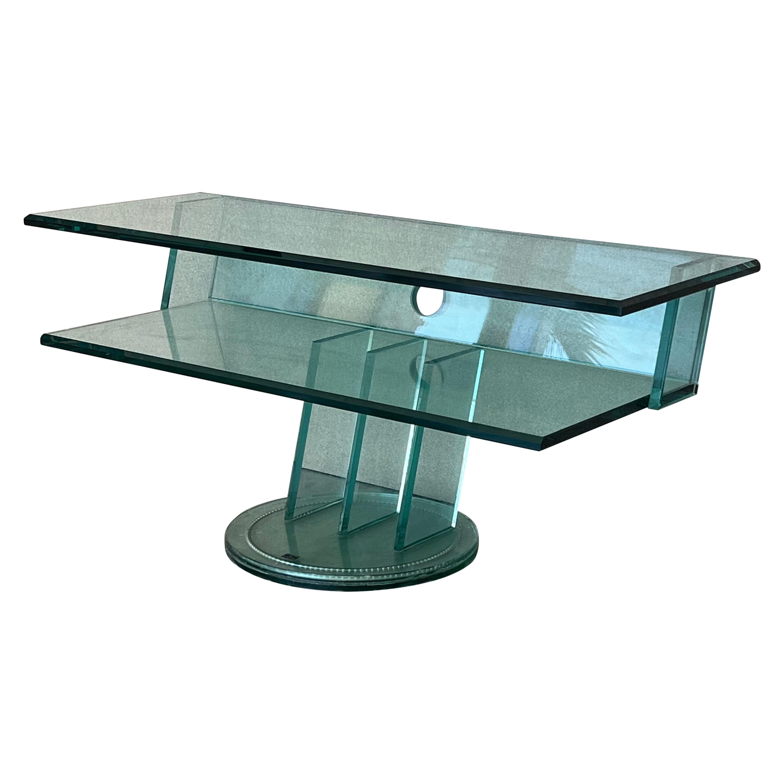 Mid Century Modern Italian Glass Shelves / Mirrored Base Swivel Bar Cart For Sale