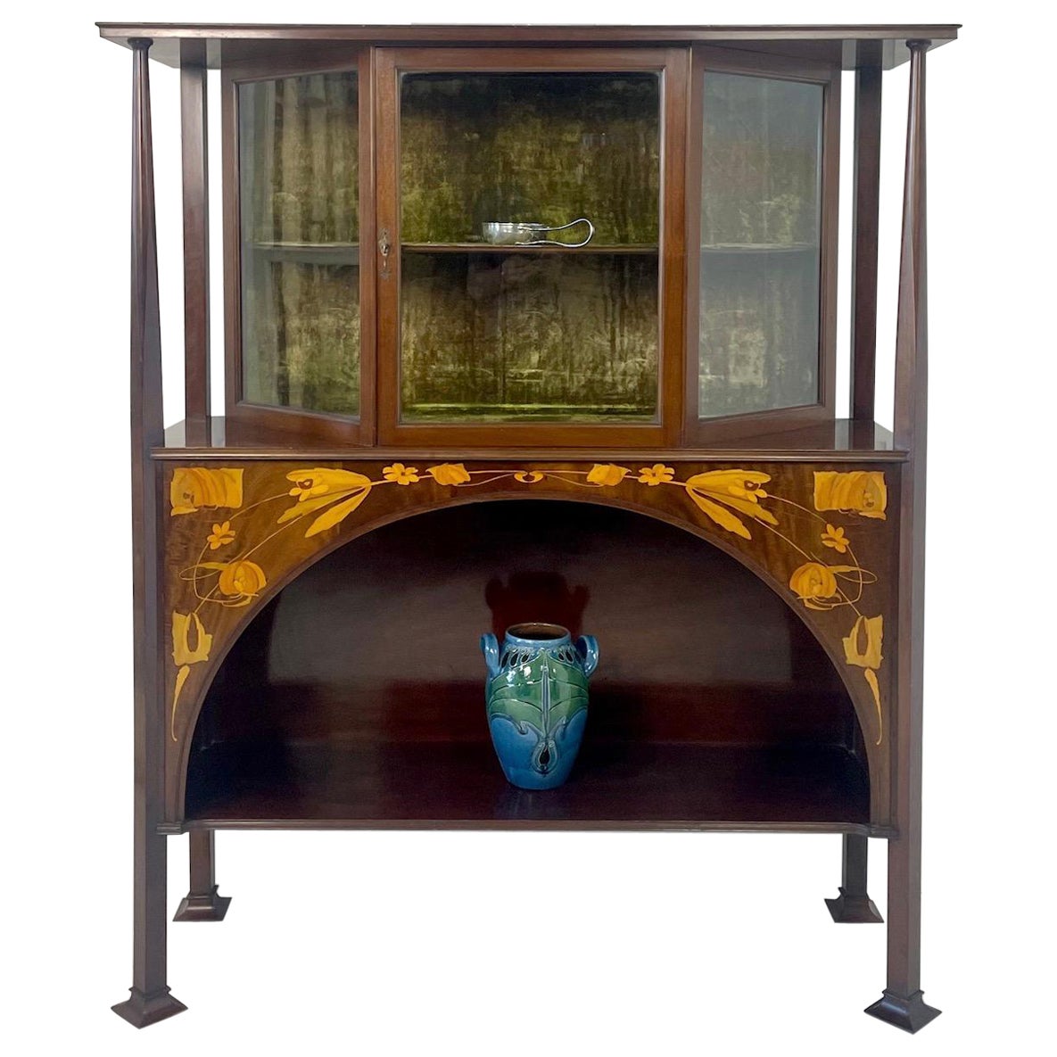 Glasgow School Mahogany Display Cabinet with Stylised Inlay Design For Sale