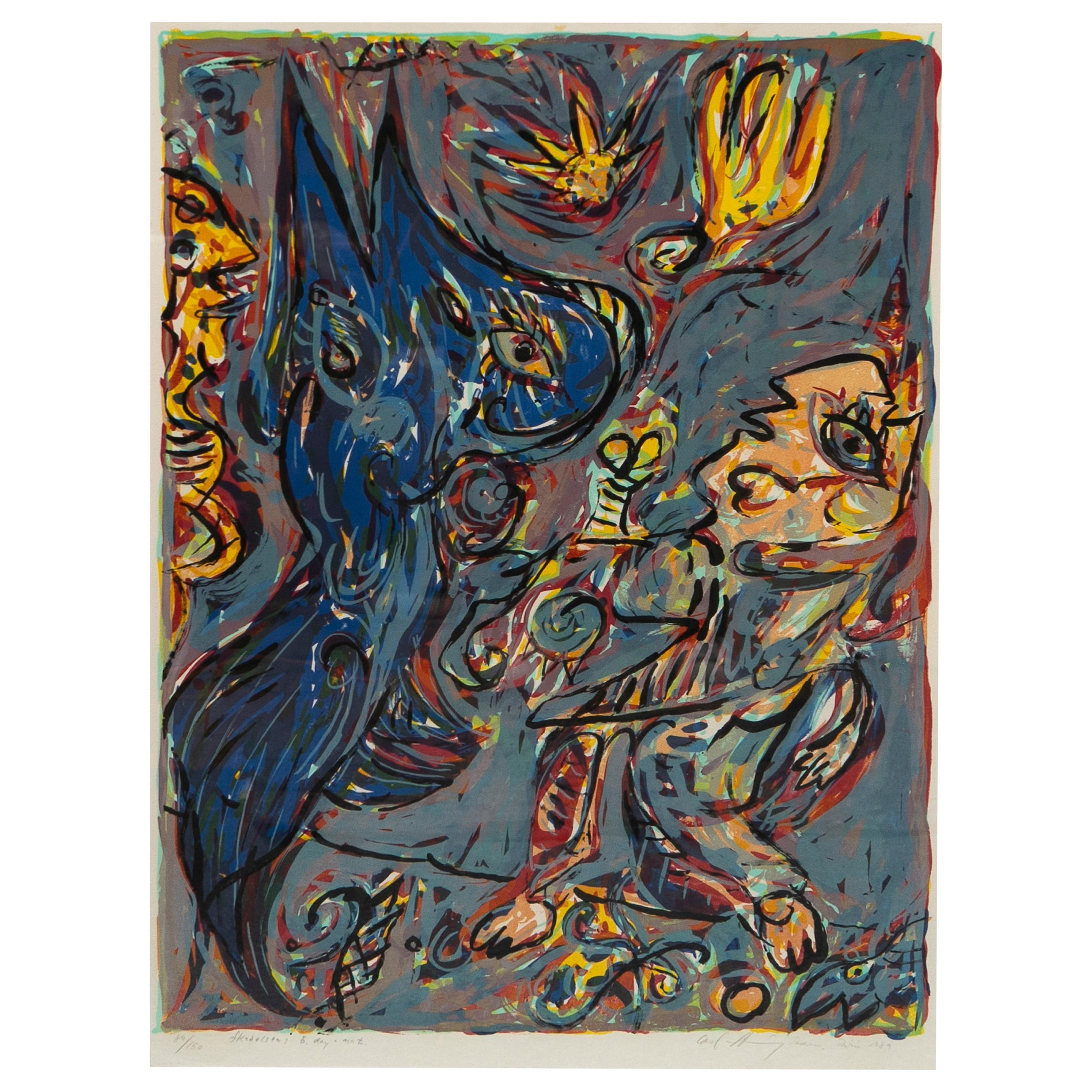 Carl-Henning Pedersen Litografia a colori "Il 5° giorno della creazione - La notte". in vendita