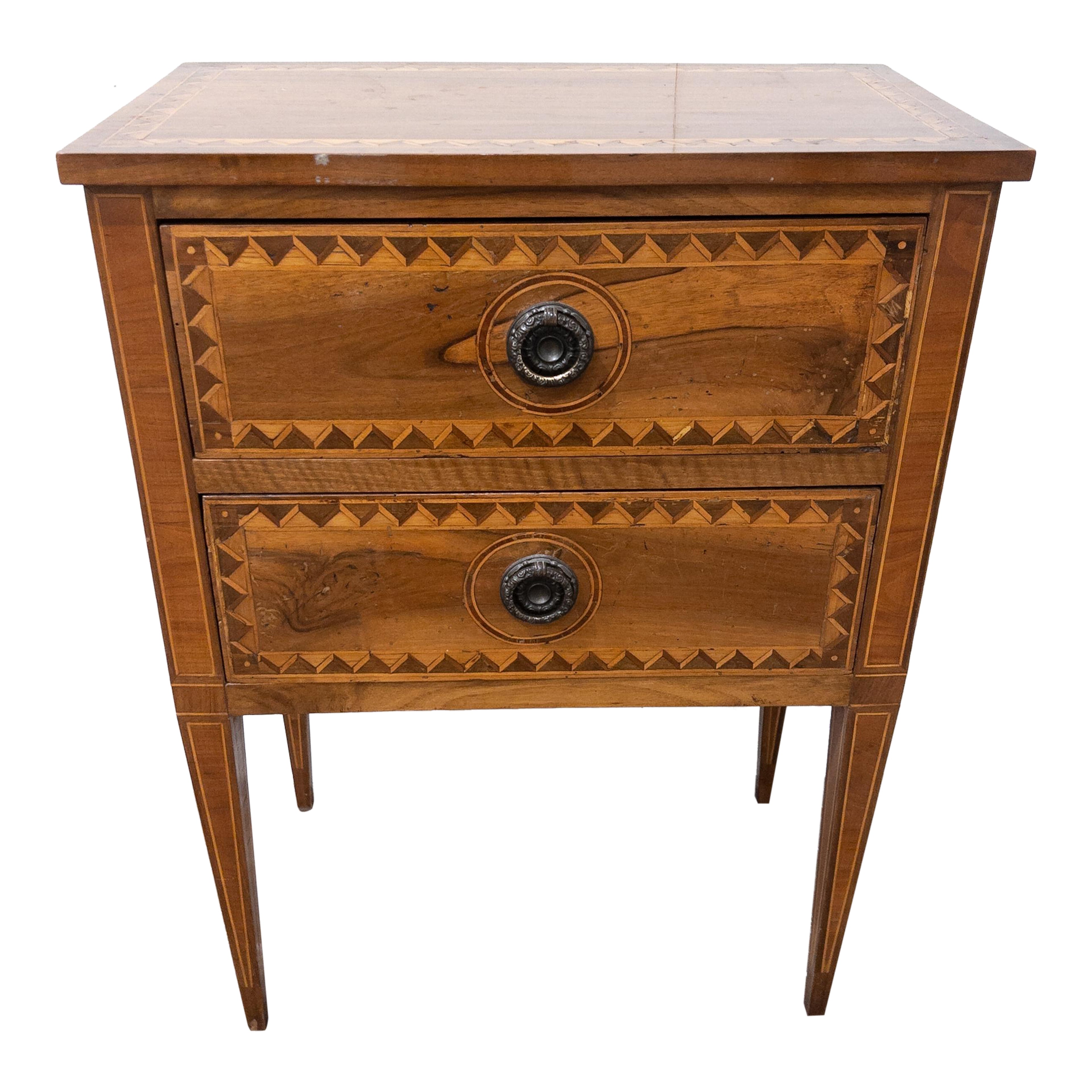 19th Century Two Drawer Small Fruitwood Commode with Marquetry Detail